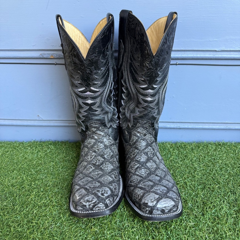 American Town Pirarucu Big Bass Leather Cowboy Boots Gray Mens 9.5 Mex 27.5